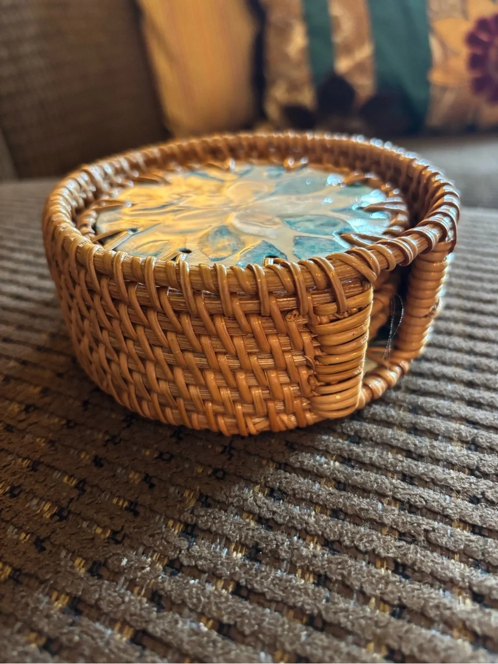 handwoven rattan coaster set of 6  mother-of-pearl floral mosaic inlay